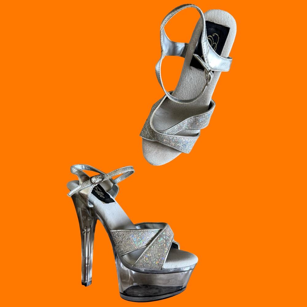 00's vintage silver glittery clear stiletto y2k platform heels Size 6